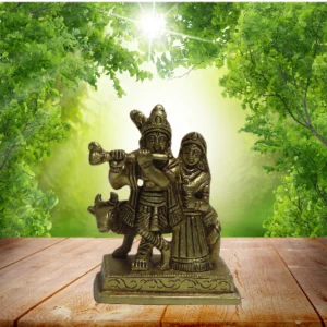 Aagam Stuti – Pure Brass Radha Krishna Standing with Cow Murti (Med) for Home & Office Temple & Decor