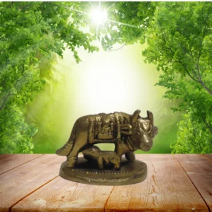 Aagam Stuti Pure Brass Kamdhenu Cow with Calf God Stand Statue for Luck/wealth/prosperity Office Decorative Showpiece